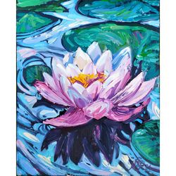 Water Lily painting Lotus Original Art Floral Artwork impasto oil painting Pink lily wall art