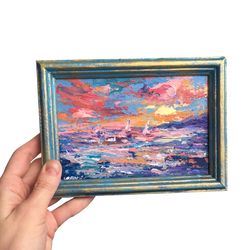 Framed Sailboat Painting Seascape small Impasto Original Art Ocean Sunset