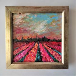 Tulips Painting Field of tulips textured painting Flower wall decor Tulips Impasto Painting Landscape Mini Painting