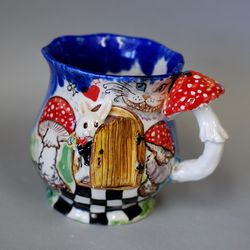 Beautiful handmade ceramic mug Wonderland mug, Rabbit figurine, Cheshire Cat ,Drink Me, Mushroom figurine, Art mug ,Fabulous handmade cup ,Decor mug, Alice fan gift Porcelain mug with voluminous decor Mug for tea and coffee Gift for a friend