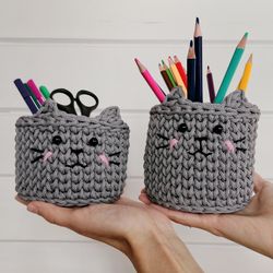 Set of 2 kawaii cat baskets, cute pen holder, kids pen holder, cute planter, kawaii desk organizer