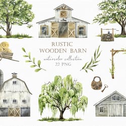 wooden barn watercolor clipart, farmhouse willow png