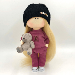 Personalized Tilda with bear, Rag handmade doll, Soft fabric puppe, Textile art doll, Cloth doll, Teen girl room decor