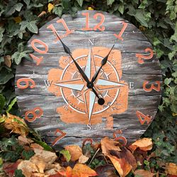 Large silent rustic wall clock wind rose compass 26"/66cm