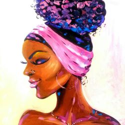 Painting Original African American Lady Portrait.Oil cardboard 30-40 cm