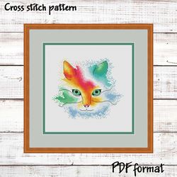Watercolor cat cross stitch pattern modern, Animals cross stitch design PDF