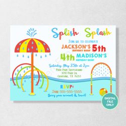Splash Pad Joint Invitation, Splash Pad Twins Birthday, Splash Pad Sibling Birthday, Water Park Birthday Party, Summer Invitation, Printable, Personalized