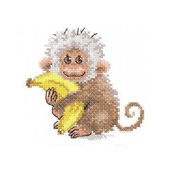 Banana monkey. Machine embroidery design for children. Machine embroidery with a cross. Digital design.