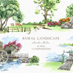 Rural landscape watercolor clipart, Rustic farm clip art