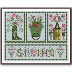 Cross Stitch Pattern  Sampler Spring Embroidery Primitive Flowers Digital PDF Instant Download # 169