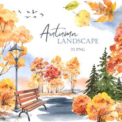 autumn landscape watercolor clipart, fall trees and leaves clip art