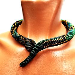 Green Beaded Snake Necklace Ouroboros Choker