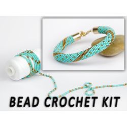 Bead Crochet Kit Turquoise Bronze Bracelet, Beading Kit, DIY Kit Bracelet, Needlework Kits