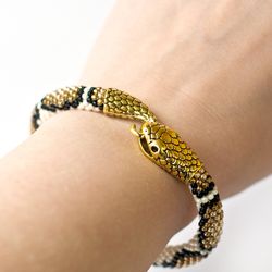 Beaded snake bracelet for women, Ouroboros, Brown snake bracelet, Bead crochet bracelet