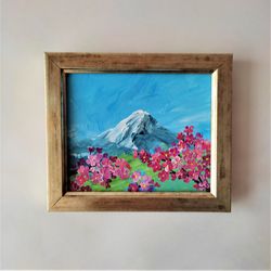 Mountain Landscape Painting Impasto Mount Fujiyama Cherry Blossom Wall Art Sakura Mini Painting Mountain Landscape