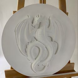 handmade bas-relief dragon, white dragon, dragon decor, wall art, dragon wall art