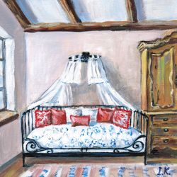 chalet room interior. original painting 8x8