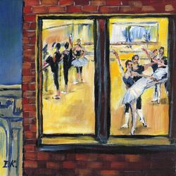 Ballet class windows. Ballerinas original painting 8x8