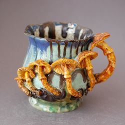 Magical Mushrooms Mug ,Multicolored Green Bronze Porcelain Art Mug White amanita figurine, Wonderland Beautiful cup ,Collectible Functional Mug,forest mug.Fine art ceramics. gift for nature lover Handmade mug