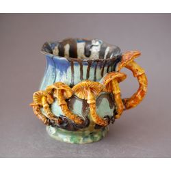 Magical Mushrooms Mug ,Multicolored Green Bronze Porcelain Art Mug White amanita figurine, Wonderland Beautiful cup ,Collectible Functional Mug,forest mug.Fine art ceramics. gift for nature lover Handmade mug