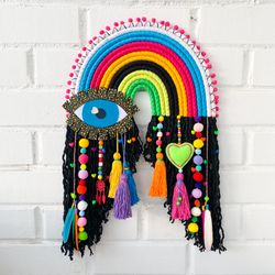 Above bed decor. Unique macrame rainbow wall hanging, Evil eye wall art, Eclectic home, Colorful boho wall decoration