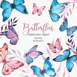 Watercolor Pink and Blue Butterflies and Moths, Insect clipart