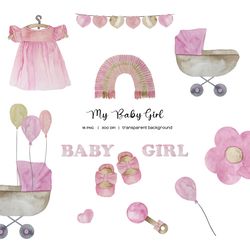 Watercolor baby girl birth announcement. Its a girl clipart. Baby girl pink elements PNG