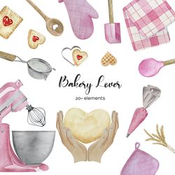 Watercolor baking supplies clipart with pink kitchen utensils PNG