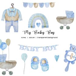 Watercolor baby boy birth announcement. It`s a boy clipart