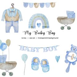 watercolor baby boy birth announcement. it`s a boy clipart