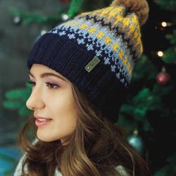 Warm knitted blue handmade hat