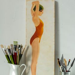 Original oil painting on stretched canvas "The Swimmer" (20*60 cm).