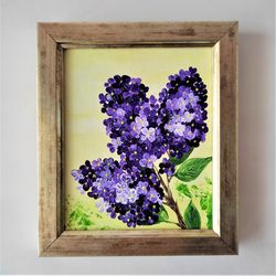 Gold framed artwork, Lilac Painting, Bouquet painting, Flower small wall art, Lilac small wall decor, Miniature painting