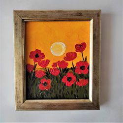 Field of Poppies Painting Sunset Original painting Impasto Gold framed artwork Miniature Painting Small Wall Decor