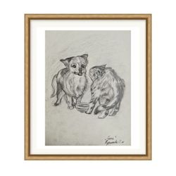 Illustration pets cat and dog - gift painting idea, animals art print- printable