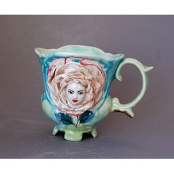 Handmade art mug ,Talking Flowers ,Rose Alice in Wonderland ,Flower Face mug, Fairy figurine cup ,Wonderland Decor, Sculpture mug ,Best friend gift .Beautiful ceramic cup Unusual exclusive handmade mug Porcelain art