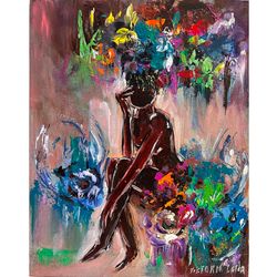 african american art original painting flowers woman artwork black woman art 13 by 16" faceless portrait painting