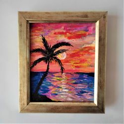 Sunset Painting Original Tropical Beach Painting Miniature painting with palm trees Small Painting Wall decor Artwork