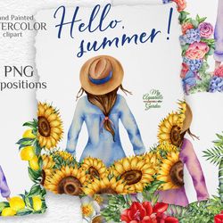 summer girl. vacation. watercolor hand-drawn illustrations.