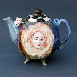 handmade art teapot ,talking flowers rose ,alice in wonderland ,flower face teapot ,fairy figurine ,teapot ,wonderland decor ,sculpture teapot handmade ceramics porcelain art.