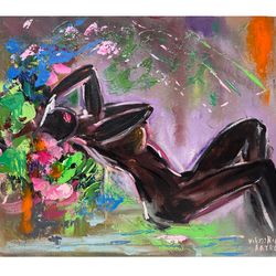 Nude Woman Painting Original Art Faceless Portrait Painting Naked Black Woman Artwork 13 by 16" Flowers Woman Painting