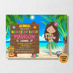 Luau Birthday Invitation, Girl Hawaiian Luau Birthday Invitation, Aloha Party, Summer Beach Party, Tropical Invite, Printable, Personalized