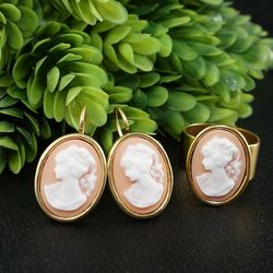 Lady Cameo Jewelry Set Earrings and Ring Dusty Rose Powder Pink White Minimalist Oval Golden Girl Cameo Earrings & Ring Woman Jewelry Gift 7851