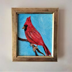 Red Cardinal Original Painting Birds Painting Impasto Bird Wall Decor Red Bird mini Painting Bird Small Wall Art Gift