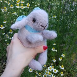 realistic bunny mini, soft fat rabbit fluffy toy gray bunny, knitted plush rabbit, gray stuffed rabbit, fluffy bunny with bow, chubby rabbit