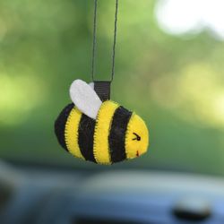 Tiny bee car rear view mirror. Car accessories for teenagers, for women. Car Charm, Hanging felt ornament beloved guy. Teenage girl gift.