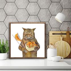 Cat with sushi - Handmade watercolor painting, funny orange cat, wall art