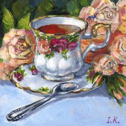 Porcelain Cup of tea and cream roses still life. Original painting 6x6