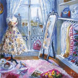 dressing room in paris. room original painting 8x8