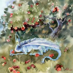 Blue dragon Original Fantasy art Watercolor painting by Yulia Evsyukova